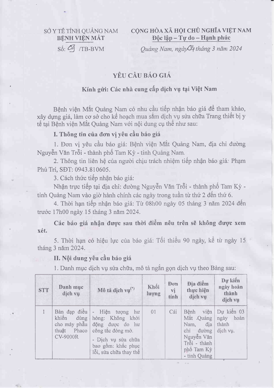 YÊU CẦU BÁO GIÁ SỐ 09