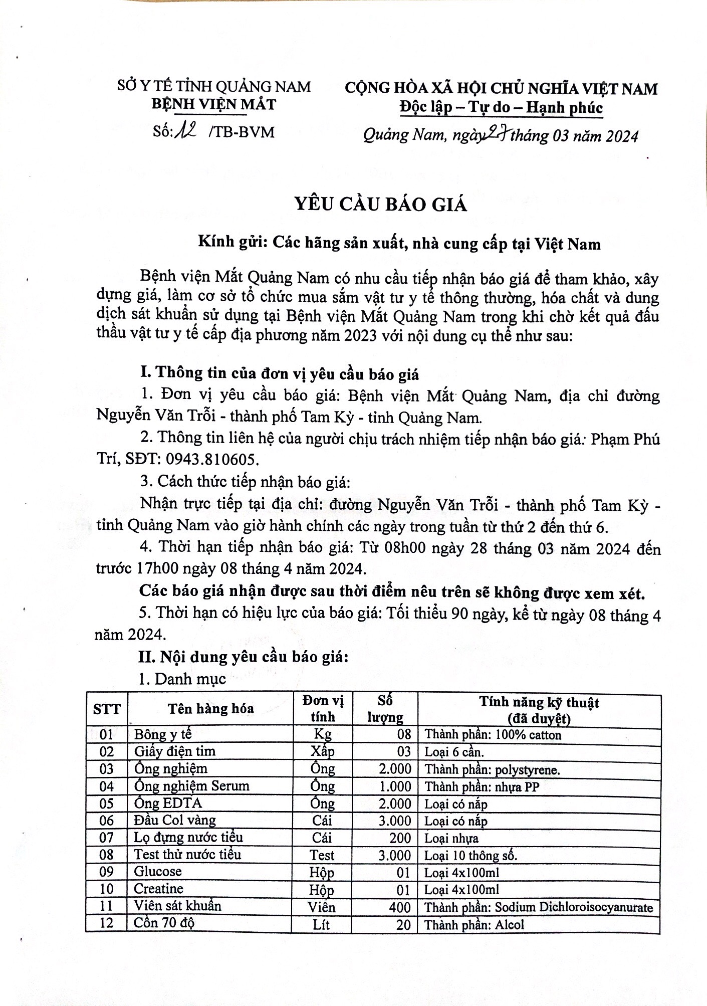 YÊU CẦU BÁO GIÁ SỐ 12