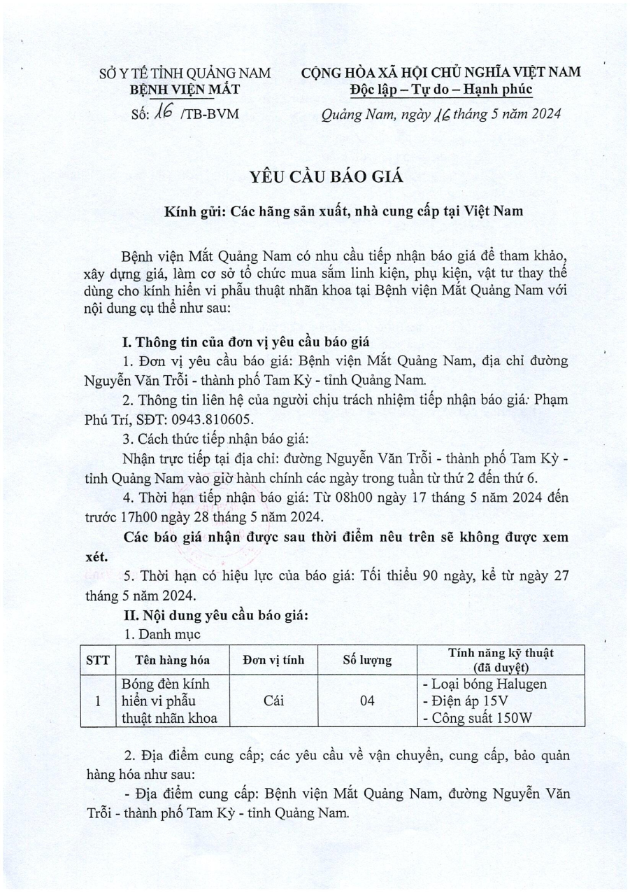 YÊU CẦU BÁO GIÁ SỐ 16