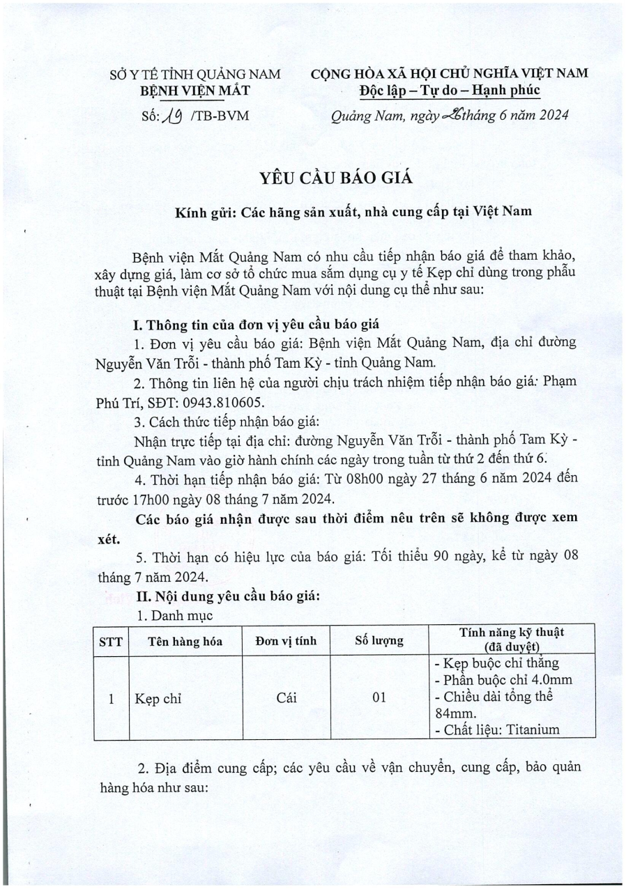 YÊU CẦU BÁO GIÁ SỐ 19