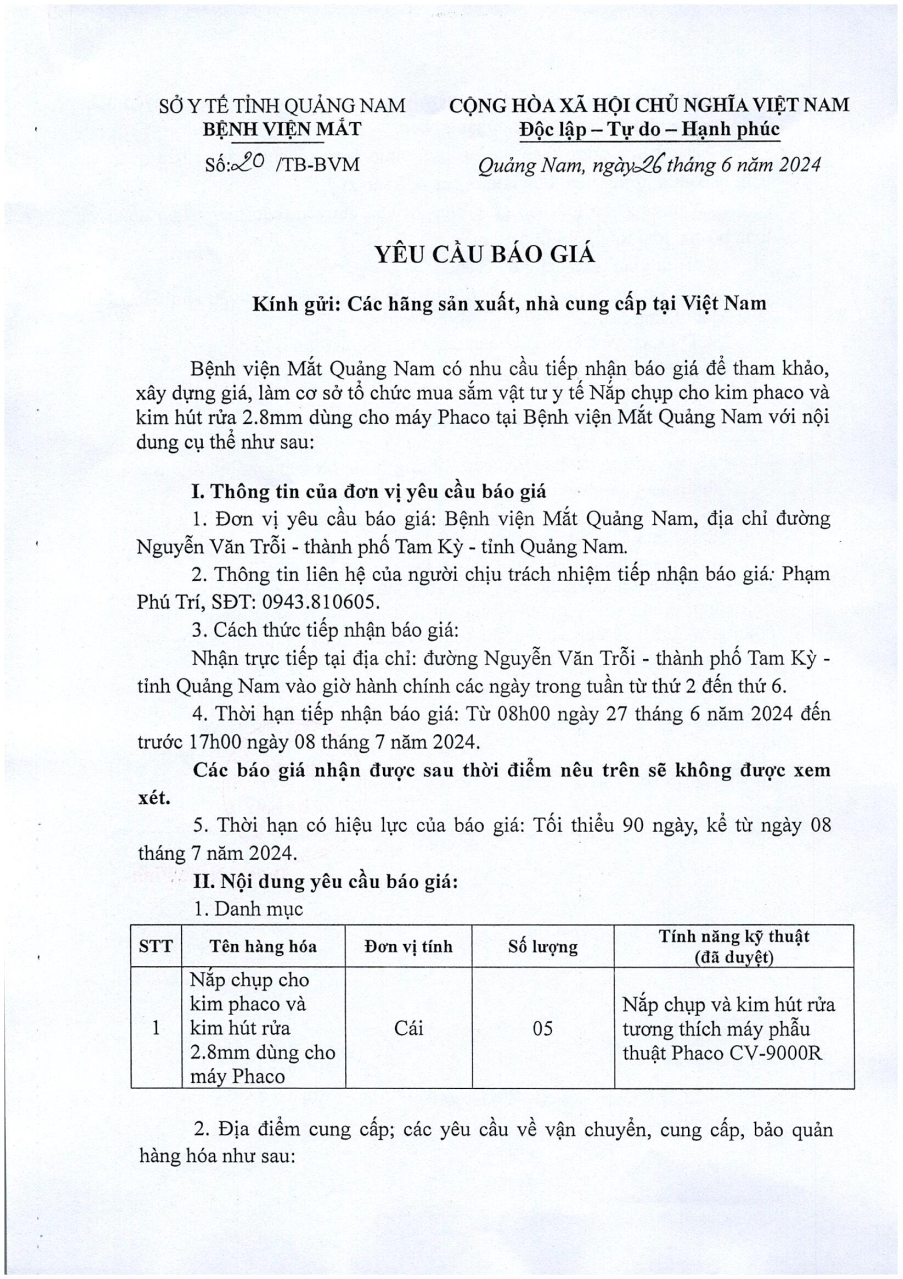 YÊU CẦU BÁO GIÁ SỐ 20