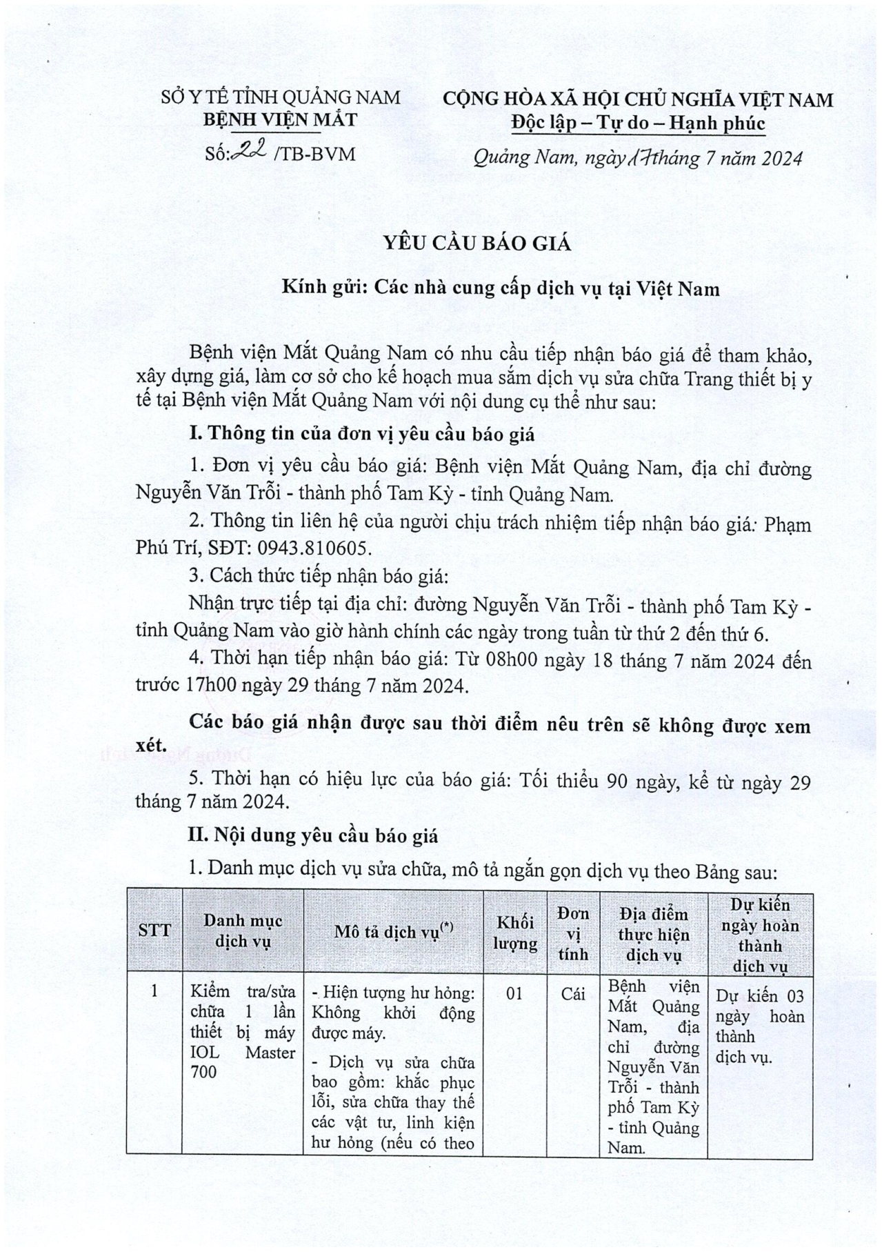 YÊU CẦU BÁO GIÁ SỐ 22