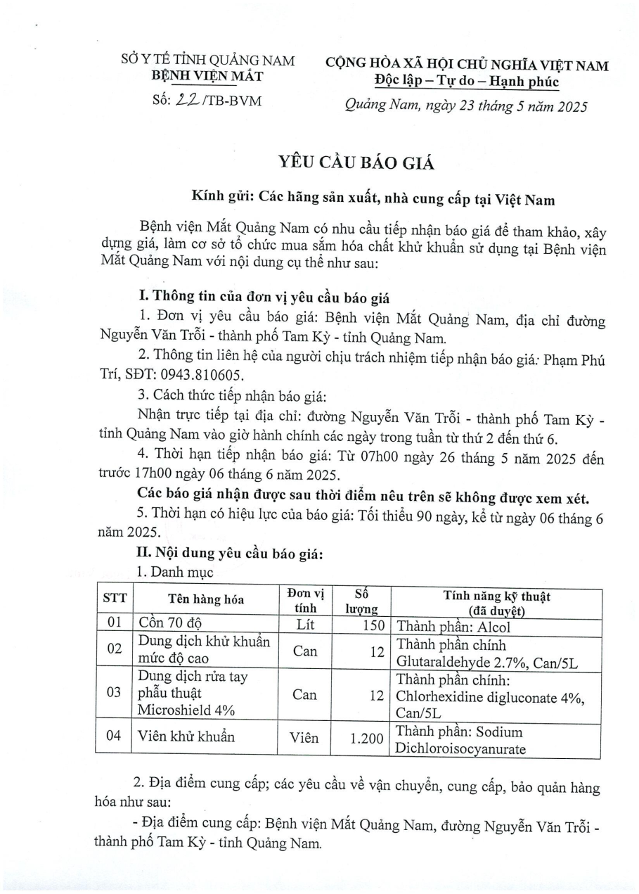 YÊU CẦU BÁO GIÁ SỐ 22