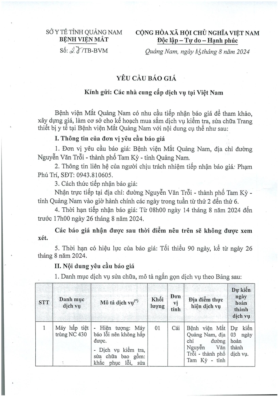 YÊU CẦU BÁO GIÁ SỐ 27