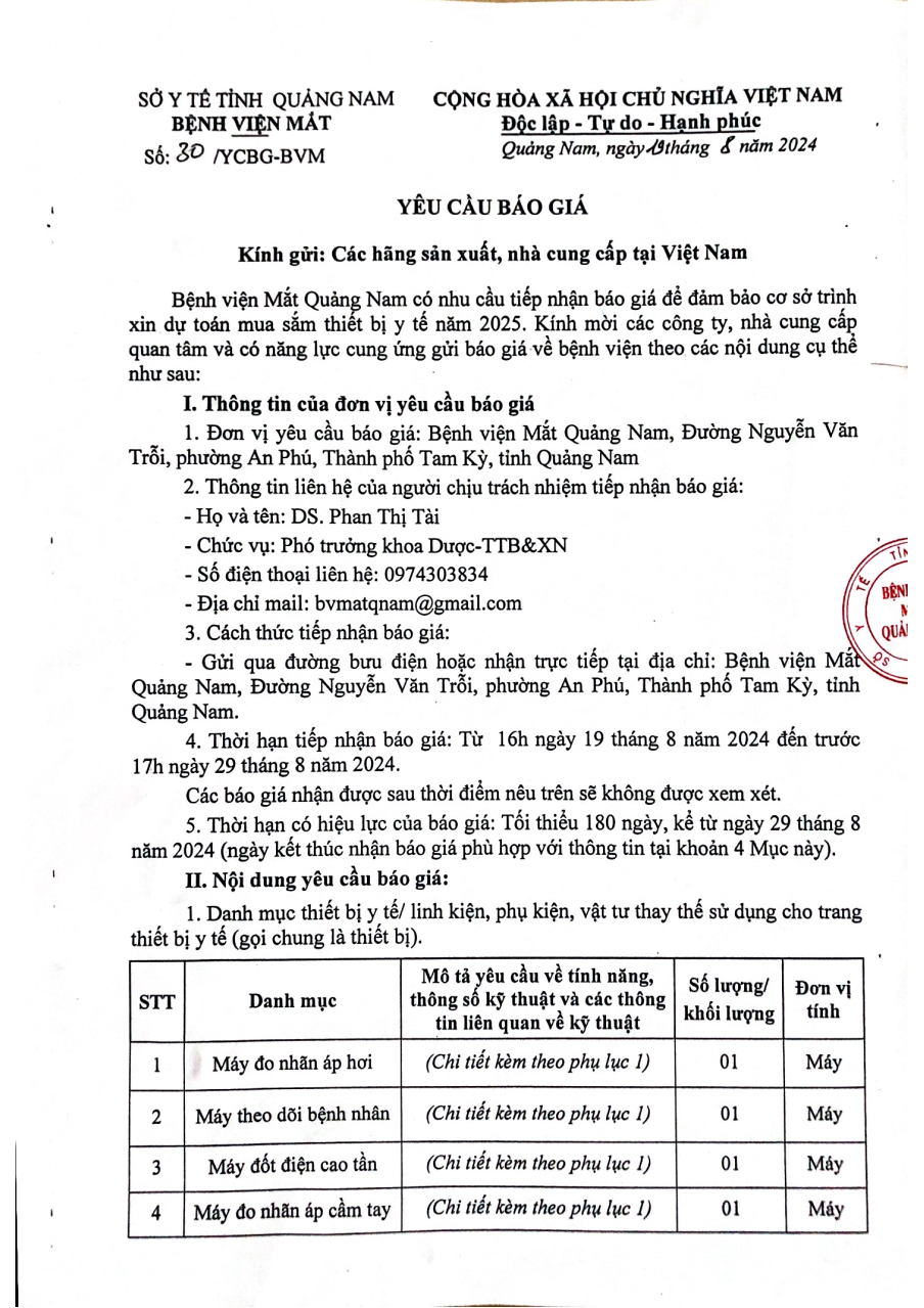 YÊU CẦU BÁO GIÁ SỐ 30