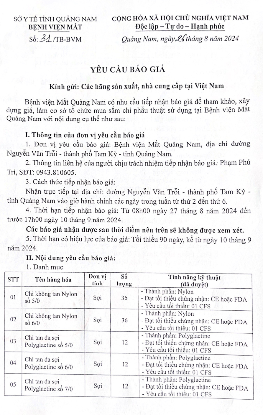 YÊU CẦU BÁO GIÁ SỐ 31