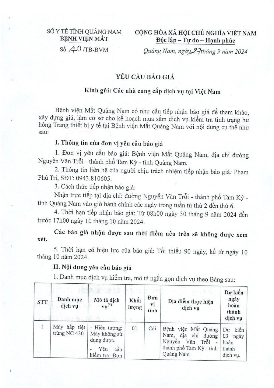 YÊU CẦU BÁO GIÁ SỐ 40