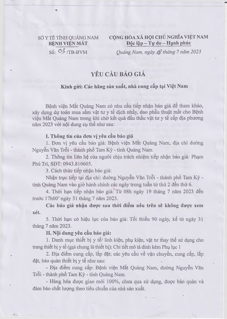 THÔNG BÁO YÊU CẦU BÁO GIÁ SỐ 03