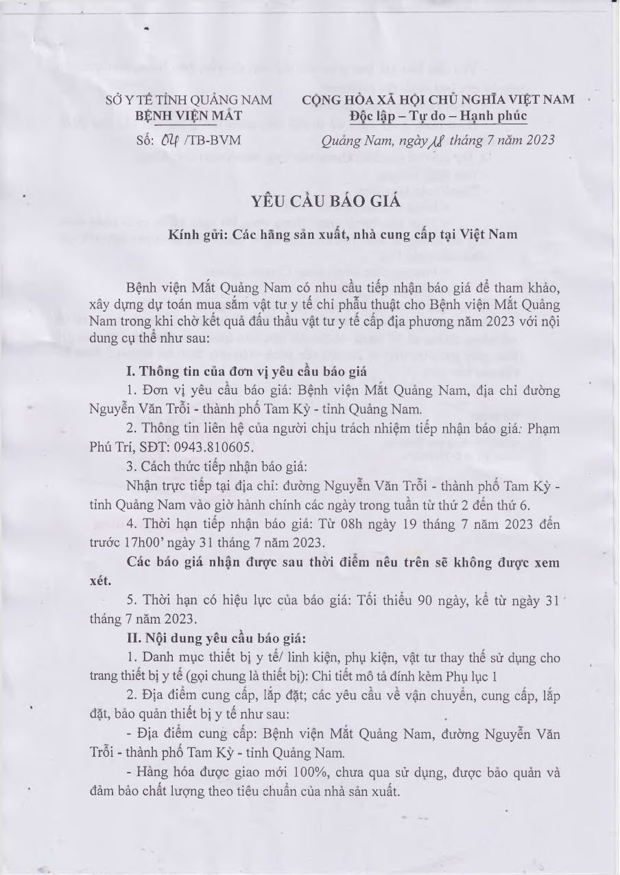 THÔNG BÁO YÊU CẦU BÁO GIÁ SỐ 04