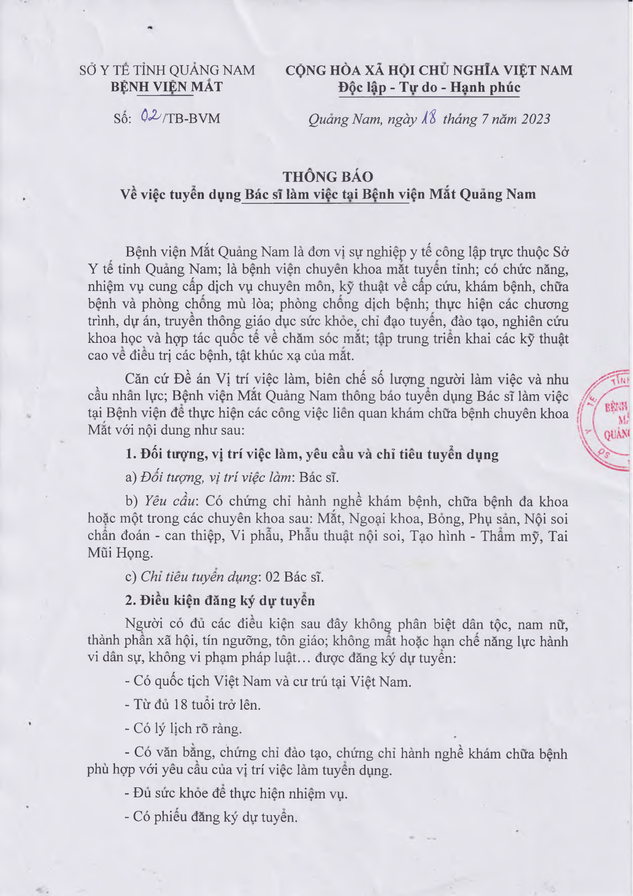 THÔNG BÁO VỀ VIỆC TUYỂN DỤNG BÁC SĨ LÀM VIỆC TẠI BỆNH VIỆN MẮT QUẢNG NAM