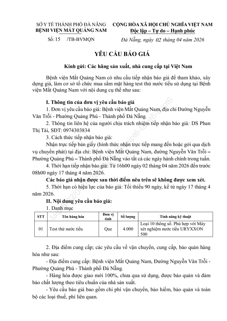 YÊU CẦU BÁO GIÁ SỐ 15