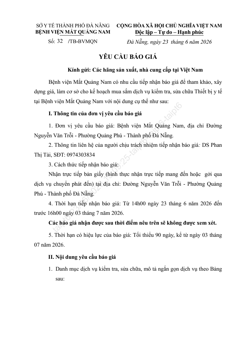 YÊU CẦU BÁO GIÁ SỐ 32