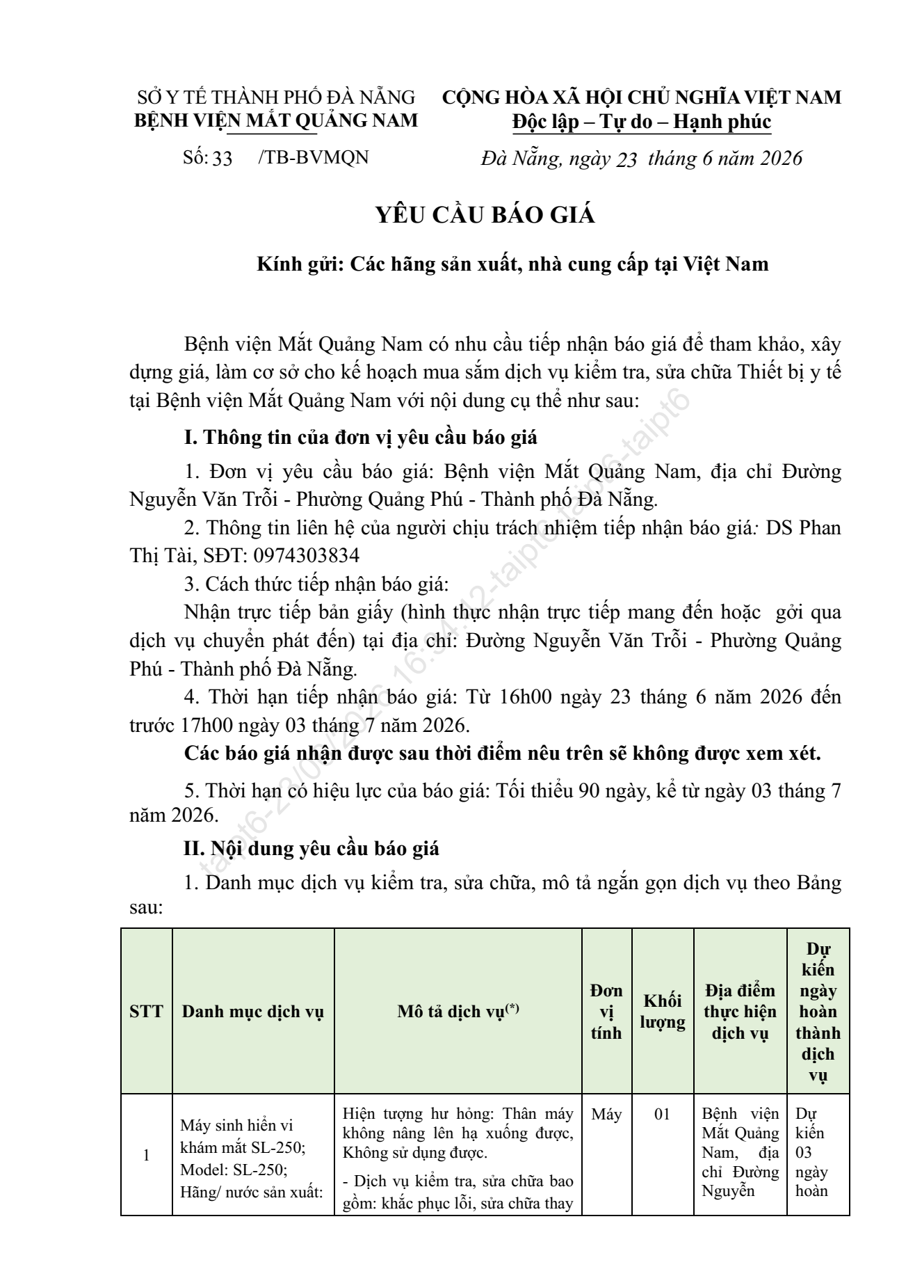 YÊU CẦU BÁO GIÁ SỐ 33