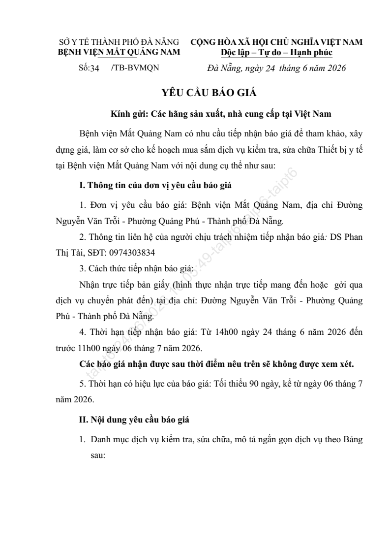 YÊU CẦU BÁO GIÁ SỐ 34