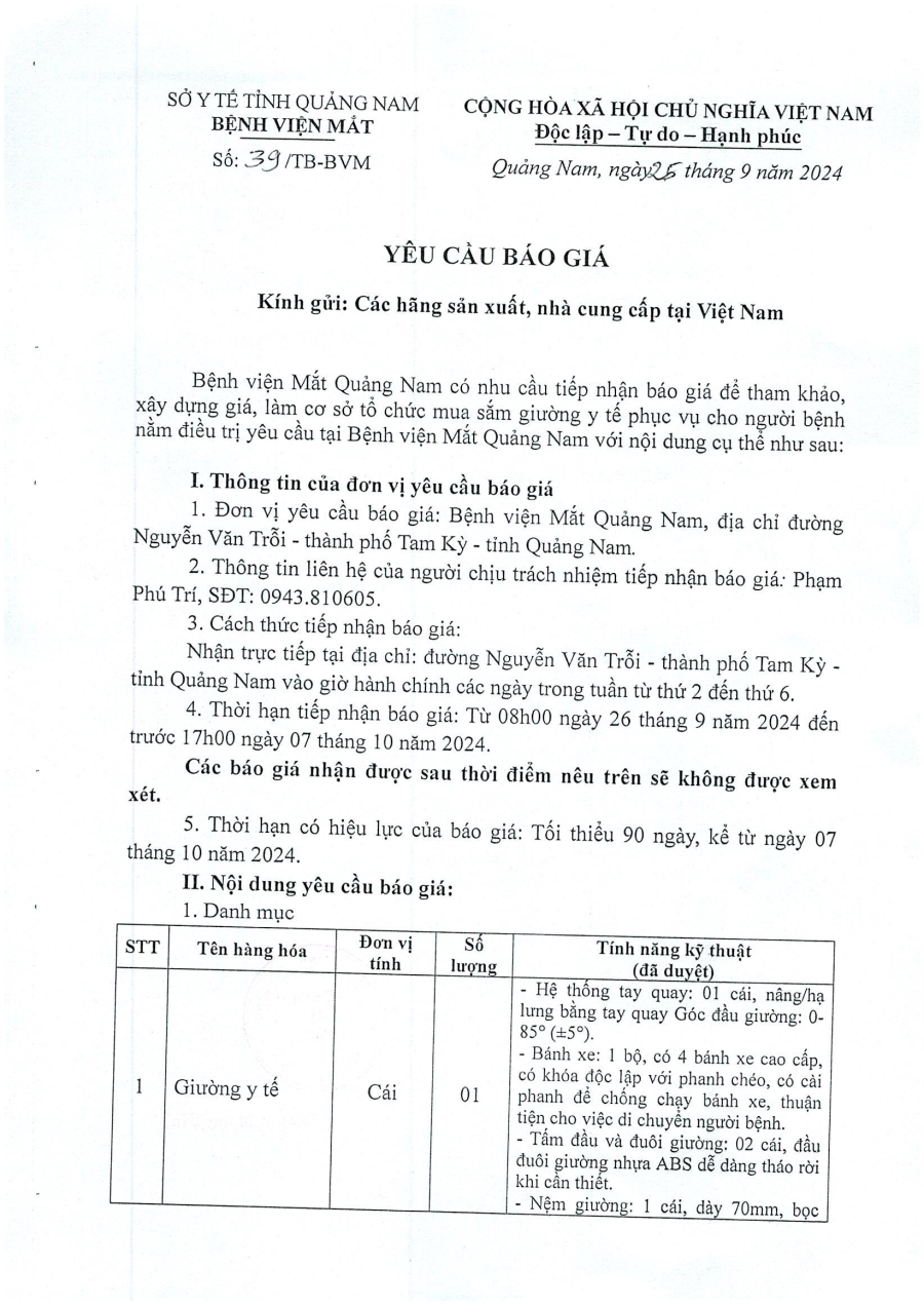 YÊU CẦU BÁO GIÁ SỐ 39