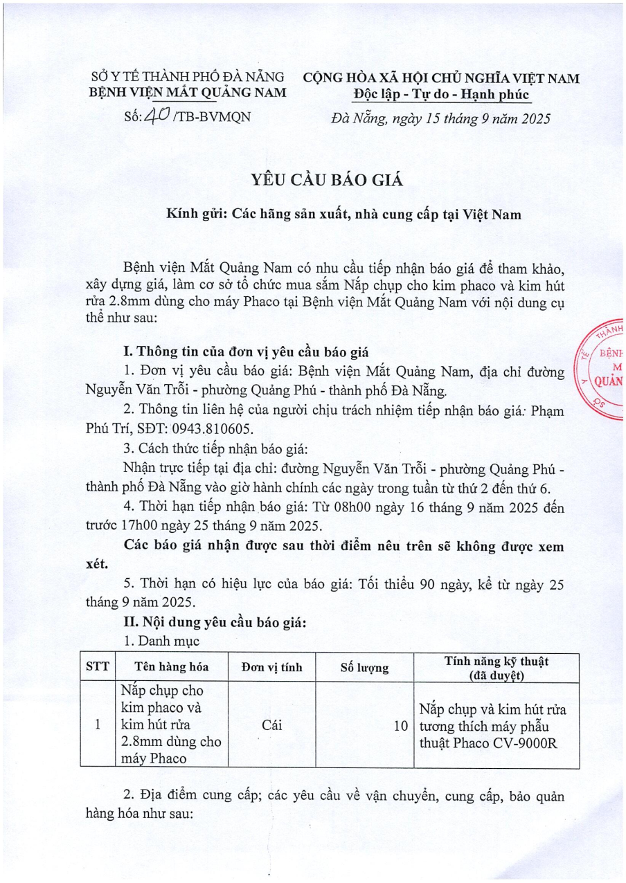 YÊU CẦU BÁO GIÁ SỐ 40