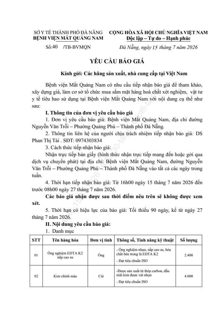YÊU CẦU BÁO GIÁ SỐ 40