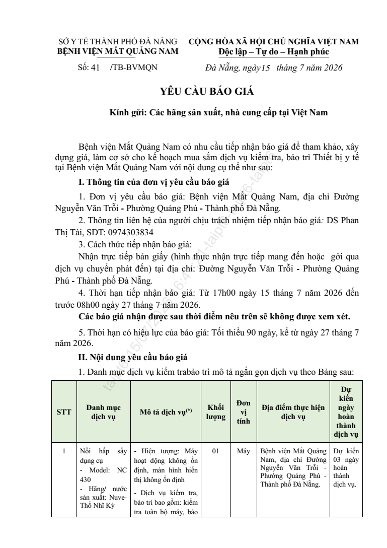 YÊU CẦU BÁO GIÁ SỐ 41