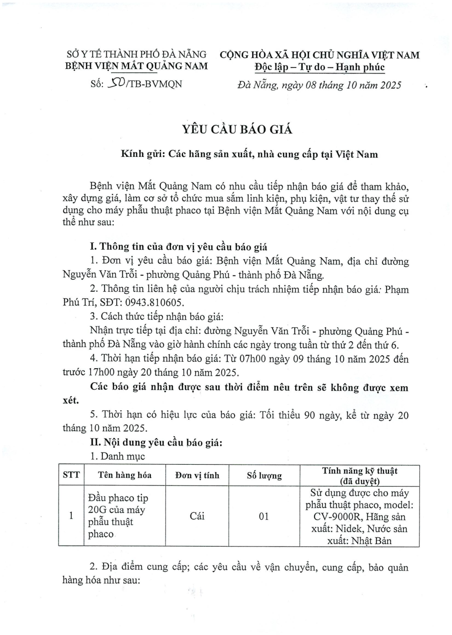 YÊU CẦU BÁO GIÁ SỐ 50