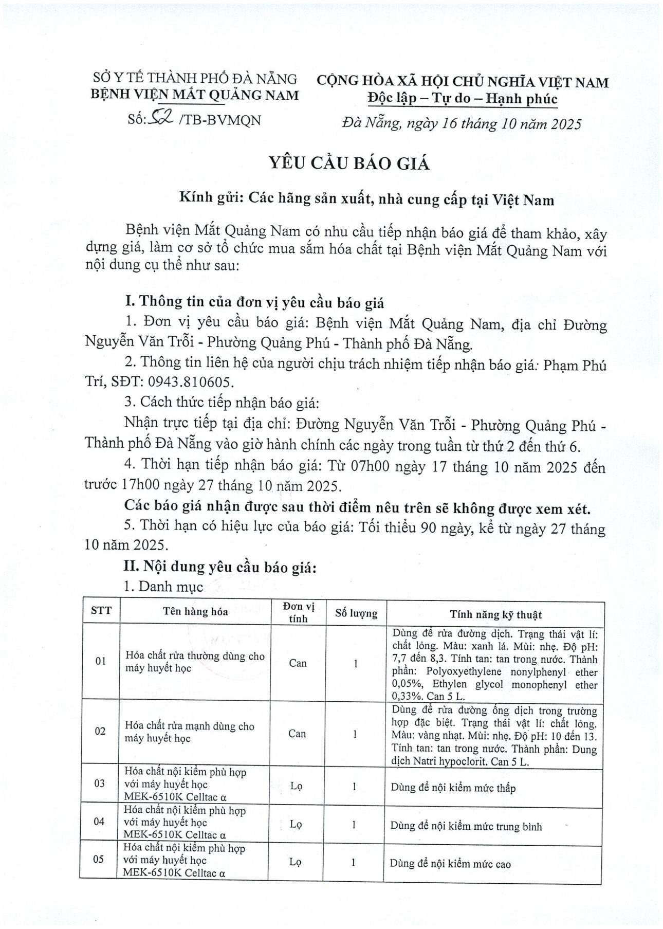 YÊU CẦU BÁO GIÁ SỐ 52
